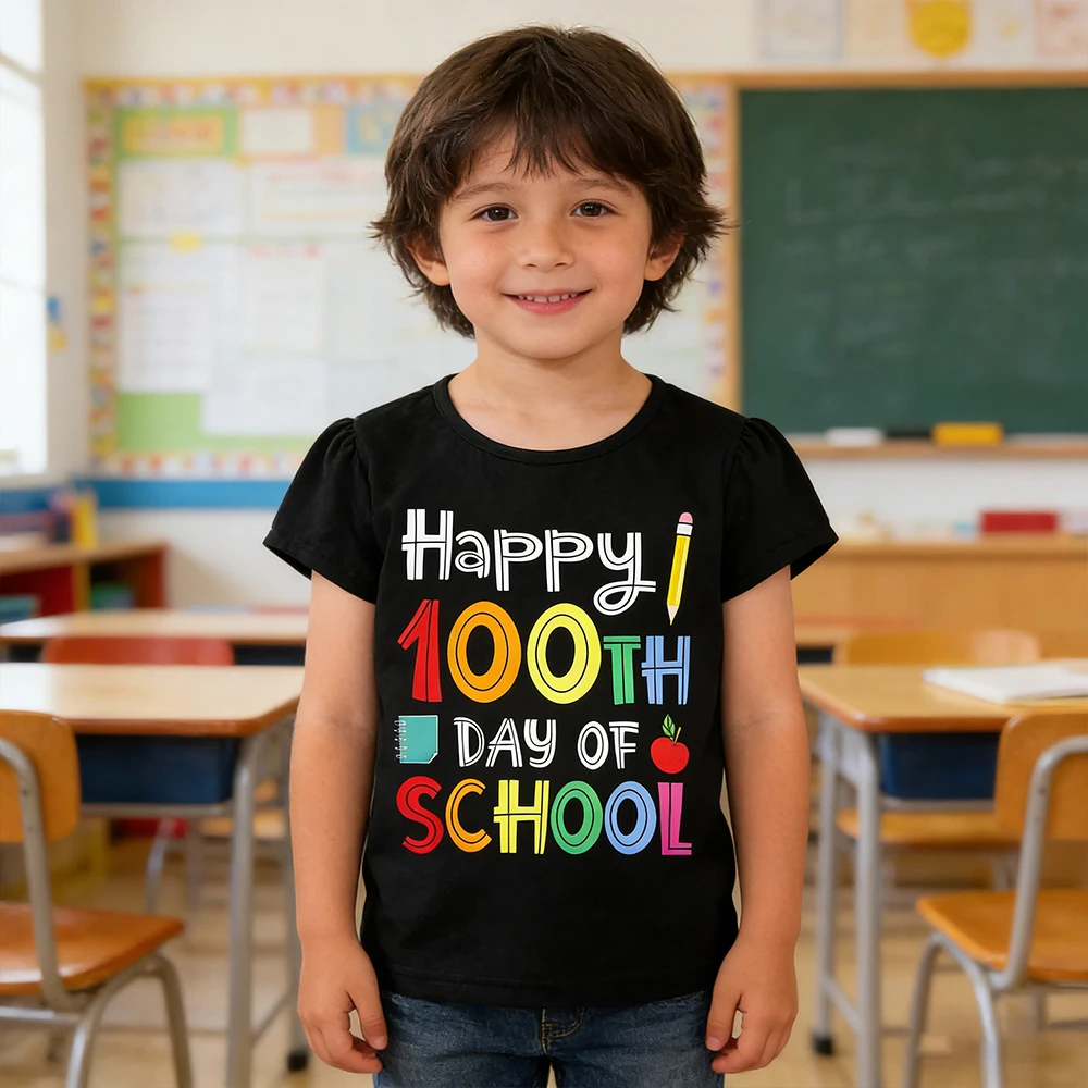 Children's Clothing Boys Girls 100 Days Of School Tee Shirt Letter Print T-shirt For Kids Happy 100th Days Of School Gifts Top