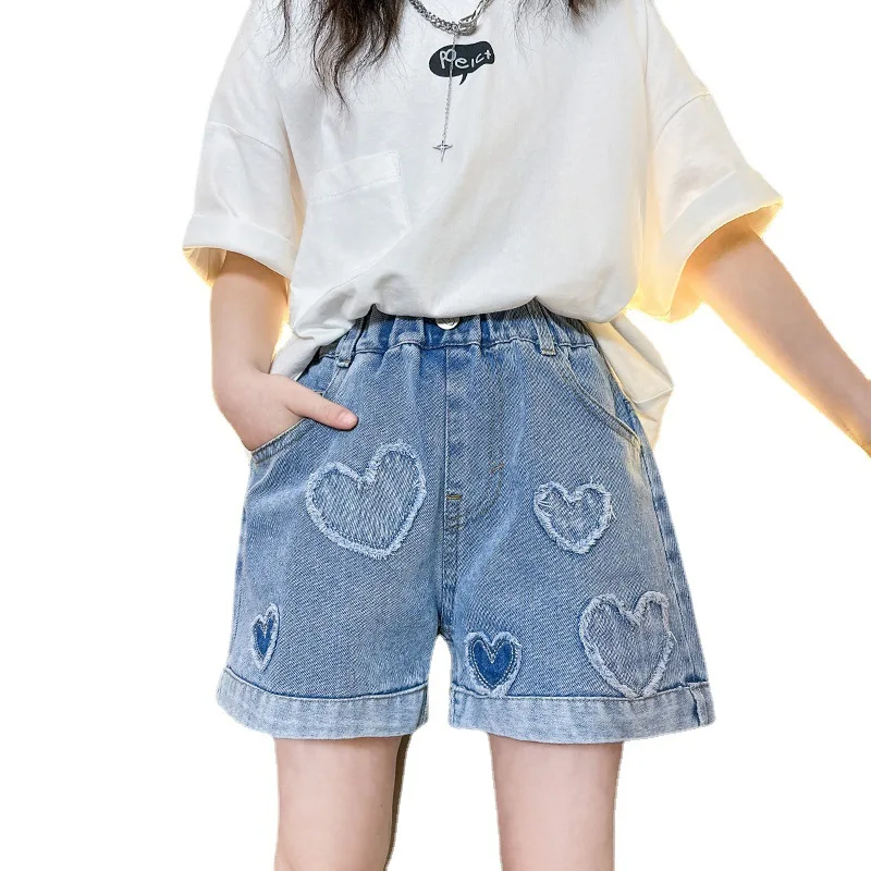 2024 Hot Summer Kids Girls Shorts Fashion Beauty Cute 9 11 13 14Years Children Pearl Heart Jeans Shorts Teen Denim Tassel Shorts