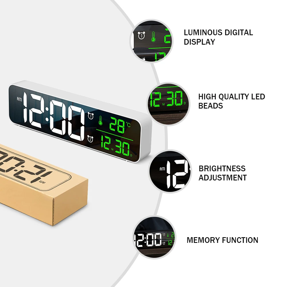 

Digital LED Alarm Clock Brightness Adjustable 24h 12h Time Date Temp Same Screen Memory Beeping Ringtones Bedside Desk Clock