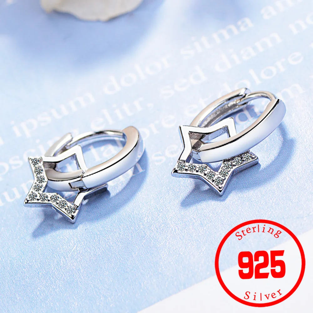 Stamp 925 Sterling Silver Simple Zircon Hollow Star Pendant Hoop Earrings For Women Jewelry Party Gifts