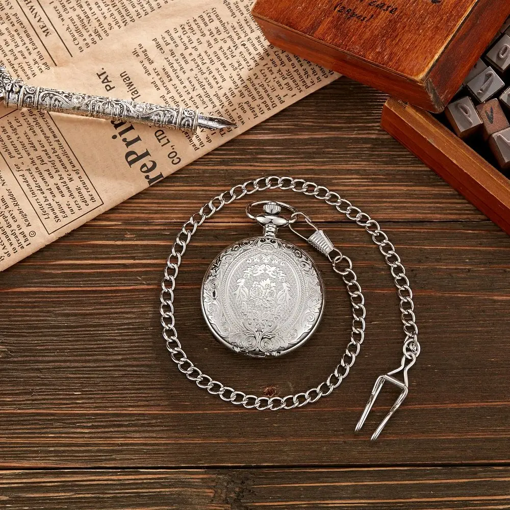Reloj de bolsillo clásico de cuarzo Vintage, exquisito colgante de cadena con tapa tallada, relojes de bolsillo para hombres y mujeres