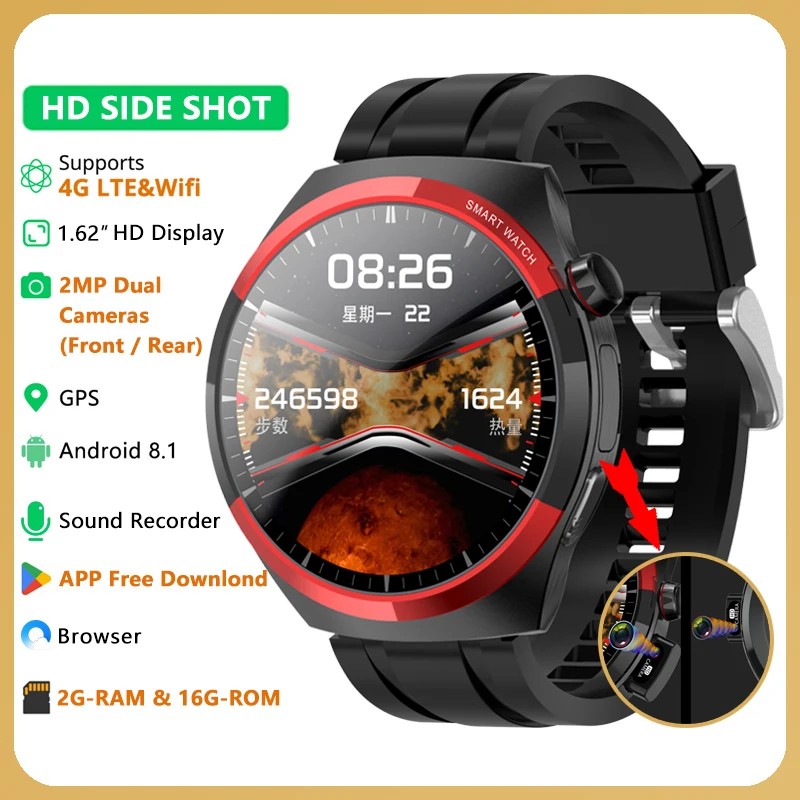4G Android Smart Watch mit zwei Kameras SIM-Karte Smartwatch unterstützt Google Play Download APP Face Unlock GPS Wifi Bluetooth