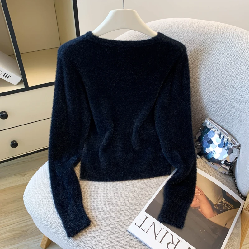 Women Knitted Sweater Sweet Spicy Girl Style Imitation Mink Fur Round Neck Short Autumn Winter