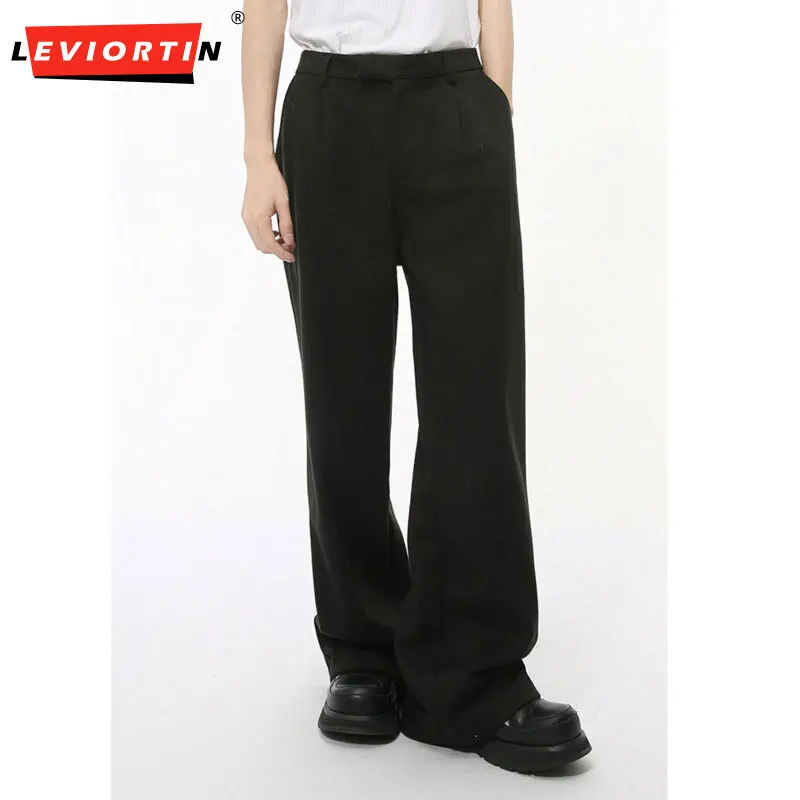 LEVIORTIN Simple Men's Suit Pants Droop Straight Elastic Waist Solid Color Casual Trousers Wide Leg Male Bottom Stylish New