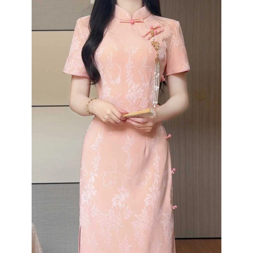 

2025 Summer Pink Jacquard Qipao, Elegant Cheongsam Dress Ladies, New Chinese Young Women Daily Vintage Dress