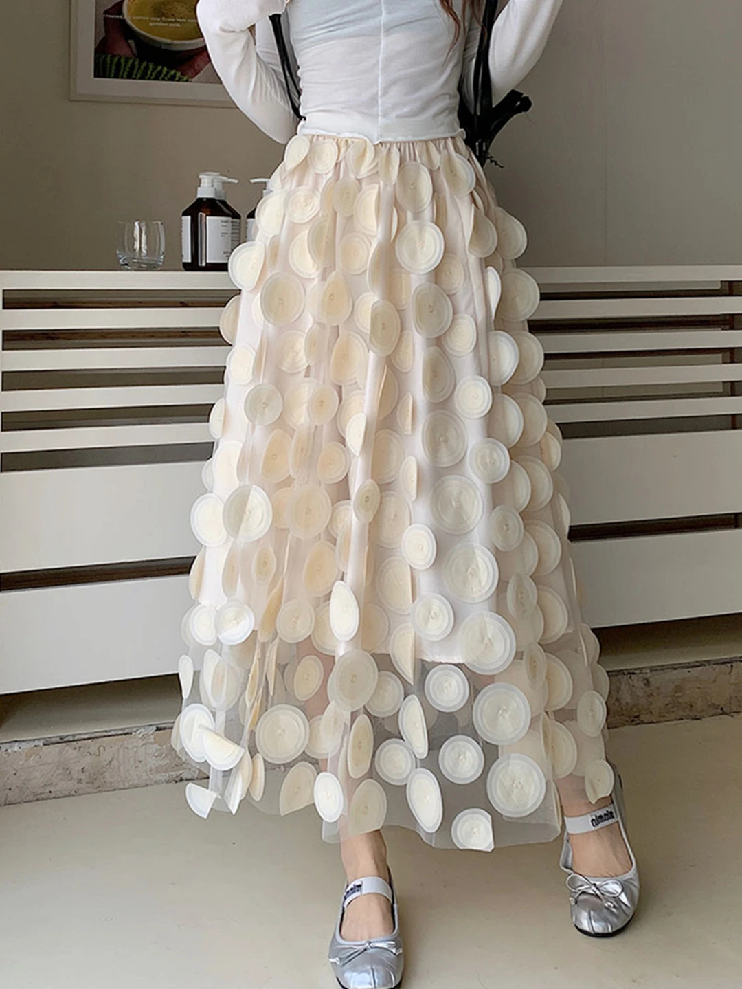 2024 New Spring Summer Women High Waist Slim Long Skirt High Quality Sweet 3D Circle Decoration Mesh Tulle Skirt 4 Colors