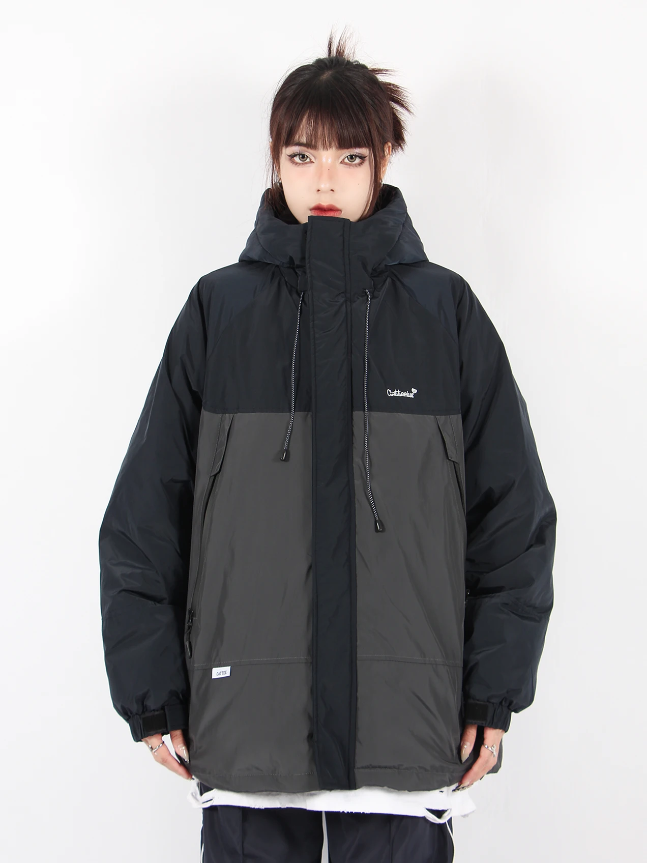 

Retro American Color Blo Thiened Winter Jaet Women's Hooded Cotton Padded Coat Street Sle Loose Fit Long Sve Zipper