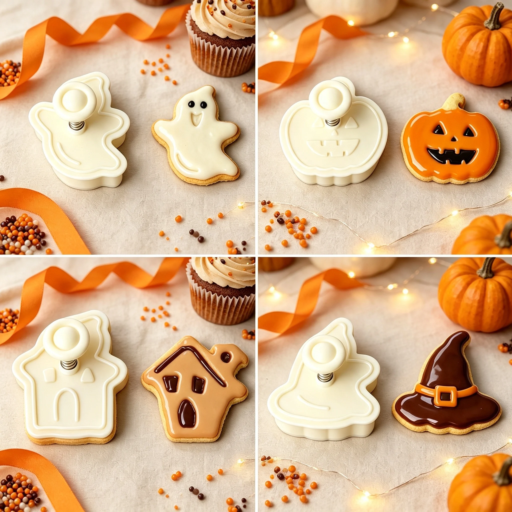 4PCS Halloween Cookie Stamp Set Food-Grade PP Beige Ghost Witch Hat Pumpkin House for Baking Holiday Party Dessert Decor
