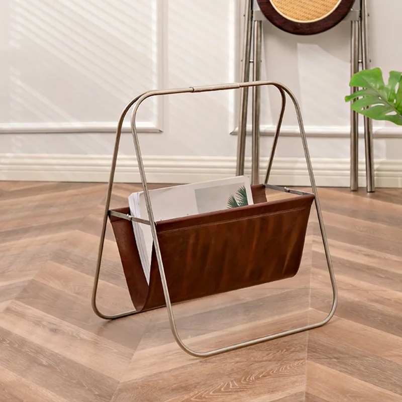 Nordic stainless steel leather book shelf floor storage shelf household magazine storage