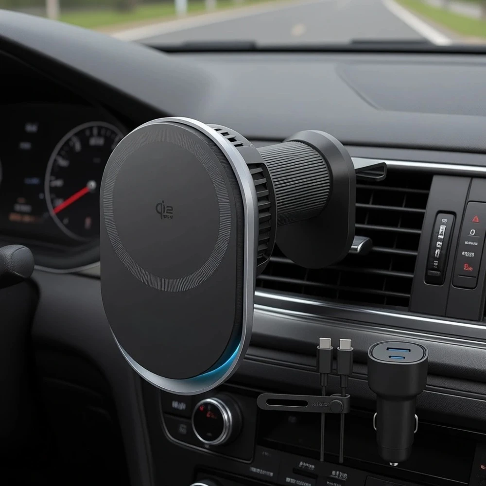

Беспроводное автомобильное зарядное устройство MagSafe 25W с сертификацией Qi2, крепление на воздуховод с охлаждением, мощные магниты, для iPhone 12-17