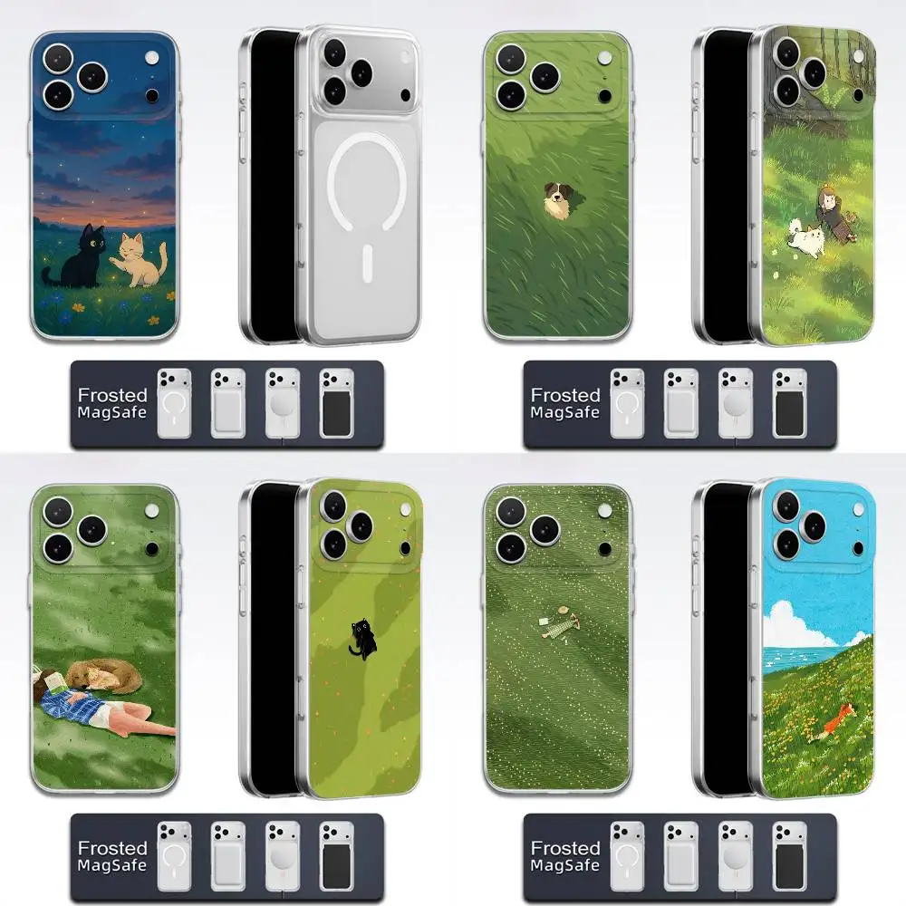 

Grassland Cute Girl Cat Dog Phone Case For iPhone 17,16,15,14,13,12,11,Pro,Max,Plus,E,Air,Mini Magsafe Transparent