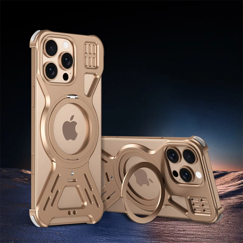 

Magnetic Stand Metal Phone Case For Iphone 16 15 Pro Max Bumper 360° Rotation Holder Hollow Luxury Aluminum Alloy Phone Cover