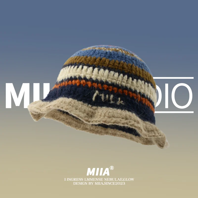 Minoria japonesa mão crochê contraste listrado balde chapéu para mulheres primavera outono tendência bacia designer balde pescador chapéu