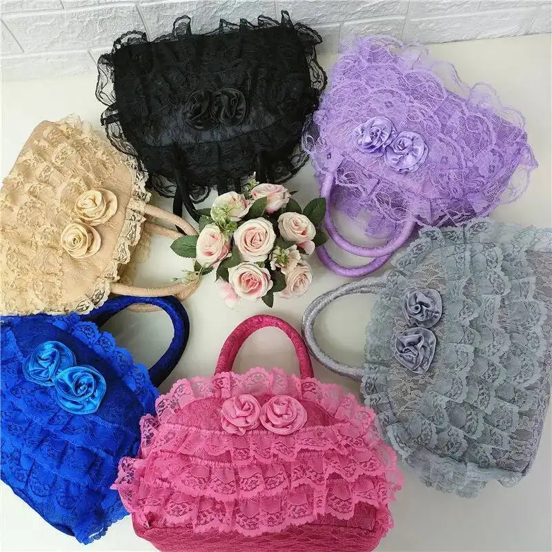 Bloom Fairycore Lace Y2k Hand Women Sweet Cute Bow Handle Pink Bag Purse Female Versatile Lolita Handbag Wallet 2025