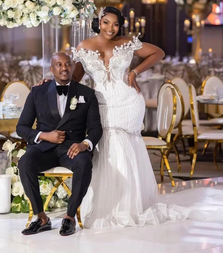 تخصيص خمر اللؤلؤ العربية Aso Ebi حورية البحر فستان الزفاف قصيرة الأكمام حجم كبير رداء دي خطاباتخطابهزوجات 2025 زي العرائس