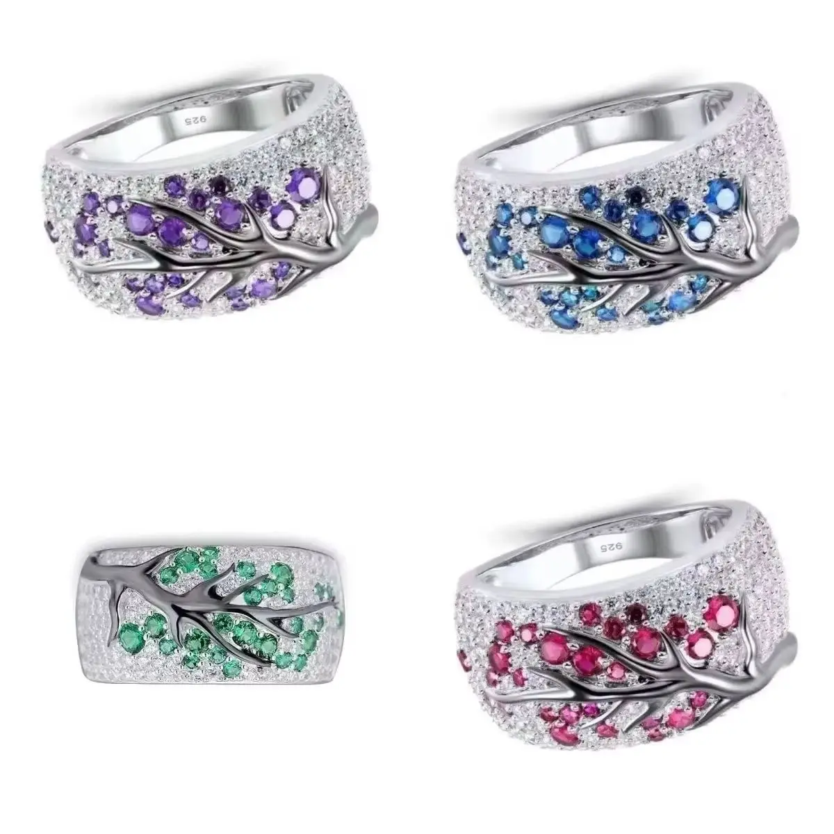 S925 Sterling Silver Plum Blossom Ring for Women Classic Stainless Steel Diamond Inlay Oil Drawing Lady's Jewelry Size 6-11