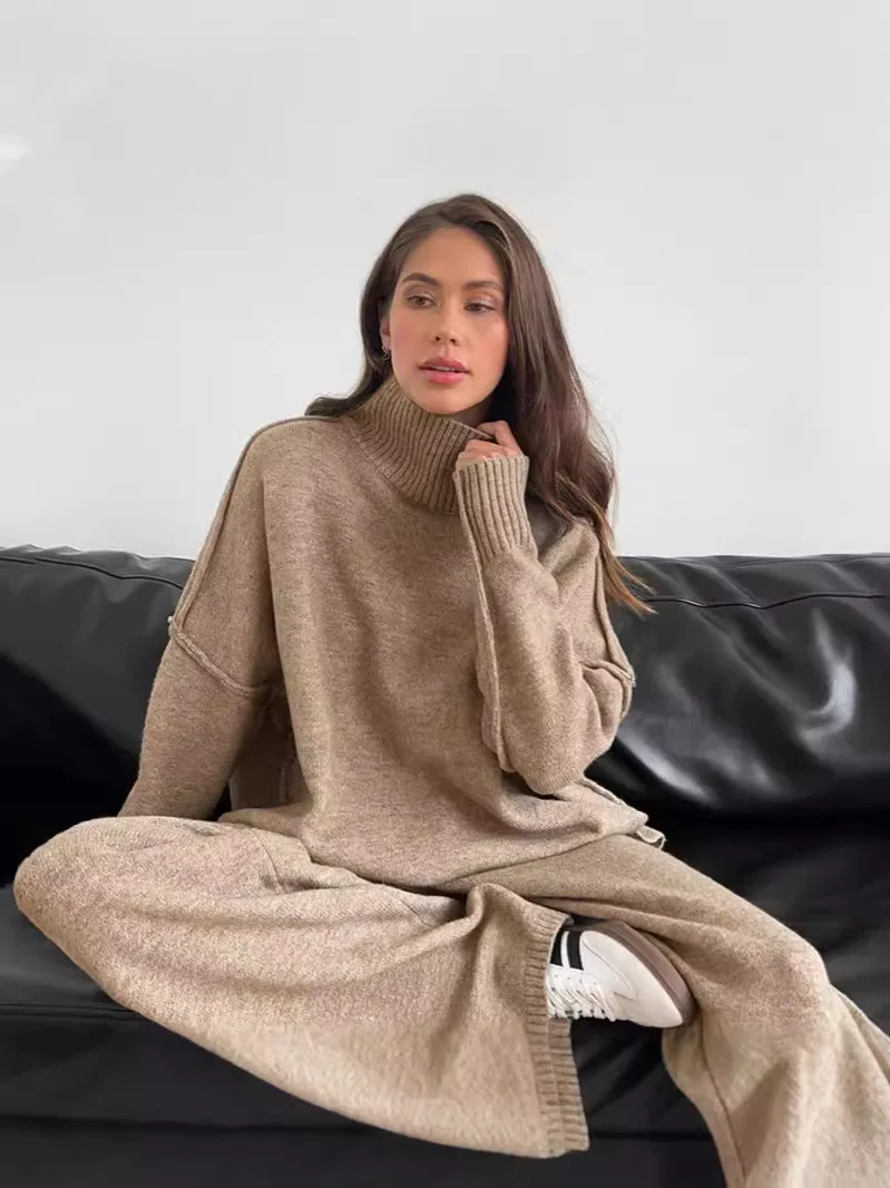 Women's High Neck Sweater 2-piece Set For Autumn Winter Loose And Casual Thick Knit Pants Sets Conjuntos Femininos Elegantes