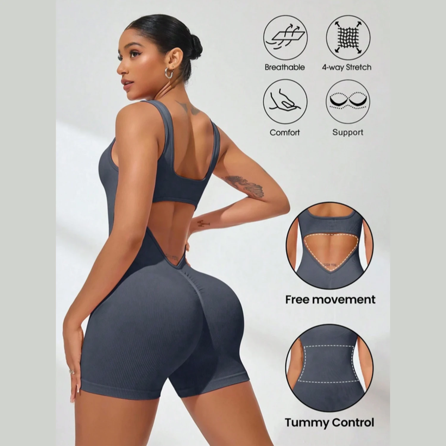 

1/2/3PCS Sexy With V-shaped Exposed Waist Soild Color Women's Jumpsuits Fitness Daily Wear Casual Yoga Workout Jumpsuits
