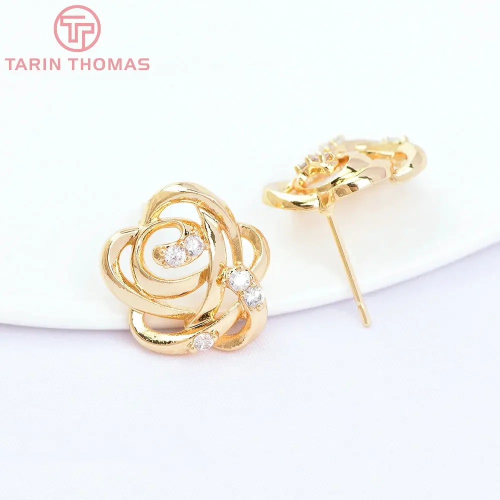 

(2283) 4PCS Flower 16x15MM 24k Gold Color Brass Zircon Rose Flower Stud Earrings Pins High Quality Jewelry Findings Accessories