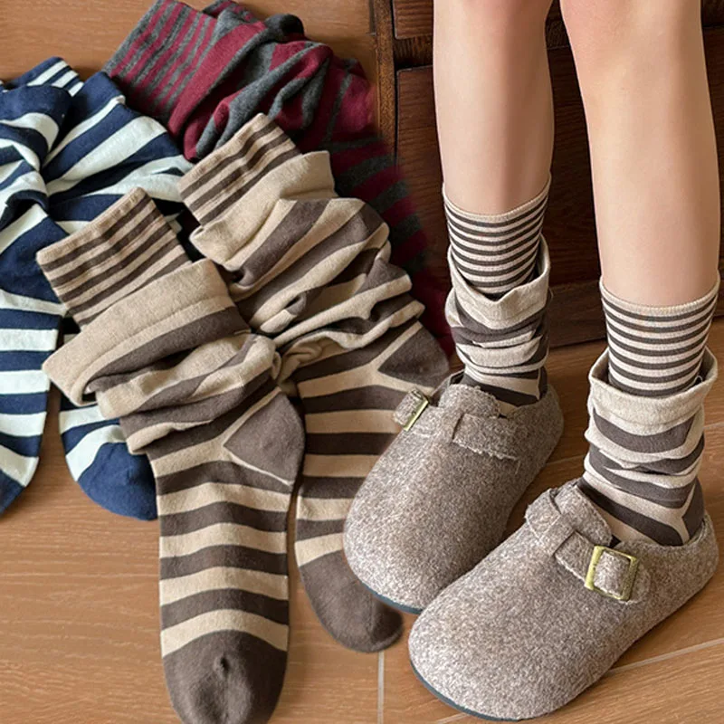 

Double Layered Stockings Winter Warm Stripe Socks Women Cotton Thermal Mid Calf Length Japanese Casual Harajuku Fashion Sock