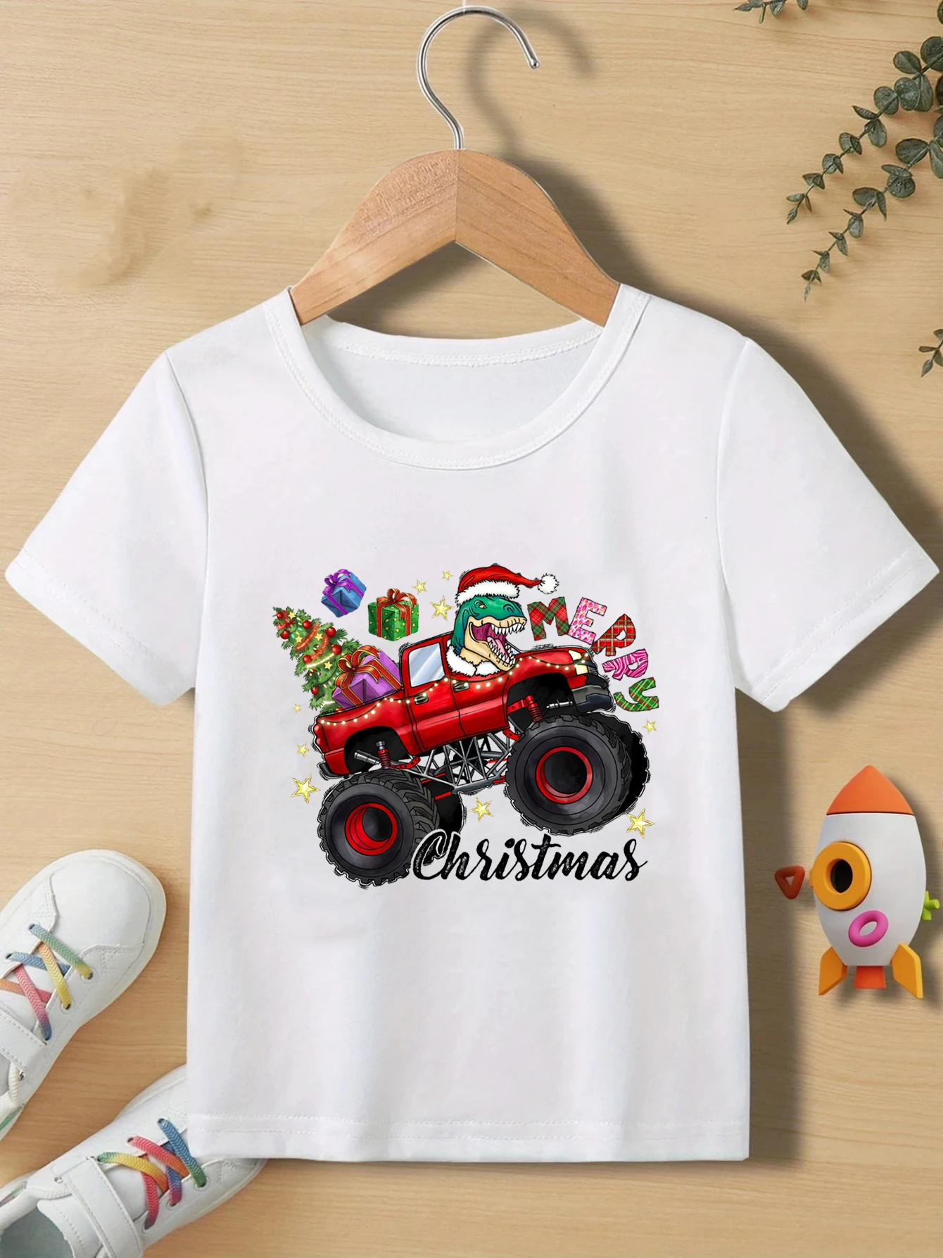 عيد ميلاد سعيد شجرة التي شيرت عيد الميلاد Tyrannosaurus ريكس سيارة قميص مطبوع الأولاد موضة عيد الميلاد ملابس تنكرية للحفلات ملابس السنة الجديدة