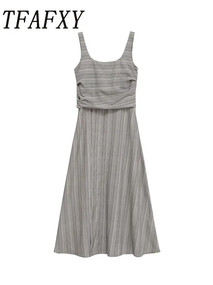 TFAFXY 2025 Abito casual chic da donna estivo Abito lungo con volant a righe Abito lungo da festa di nuova moda