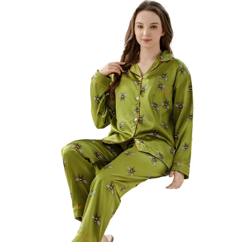 Damen Pyjama Sets Frühling 2 Stück Tier Biene Print Pyjama Faux Seide Satin Nachtwäsche Langarm Pijama Mujer Pyjs Homewear