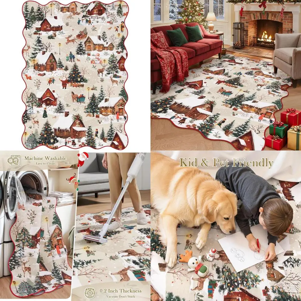 

Beige 5x7 Christmas Reindeer Rug, Soft and Washable, Non-Slip Low Pile Area Rug for Living Room, Bedroom, Nursery, and Dining Ro