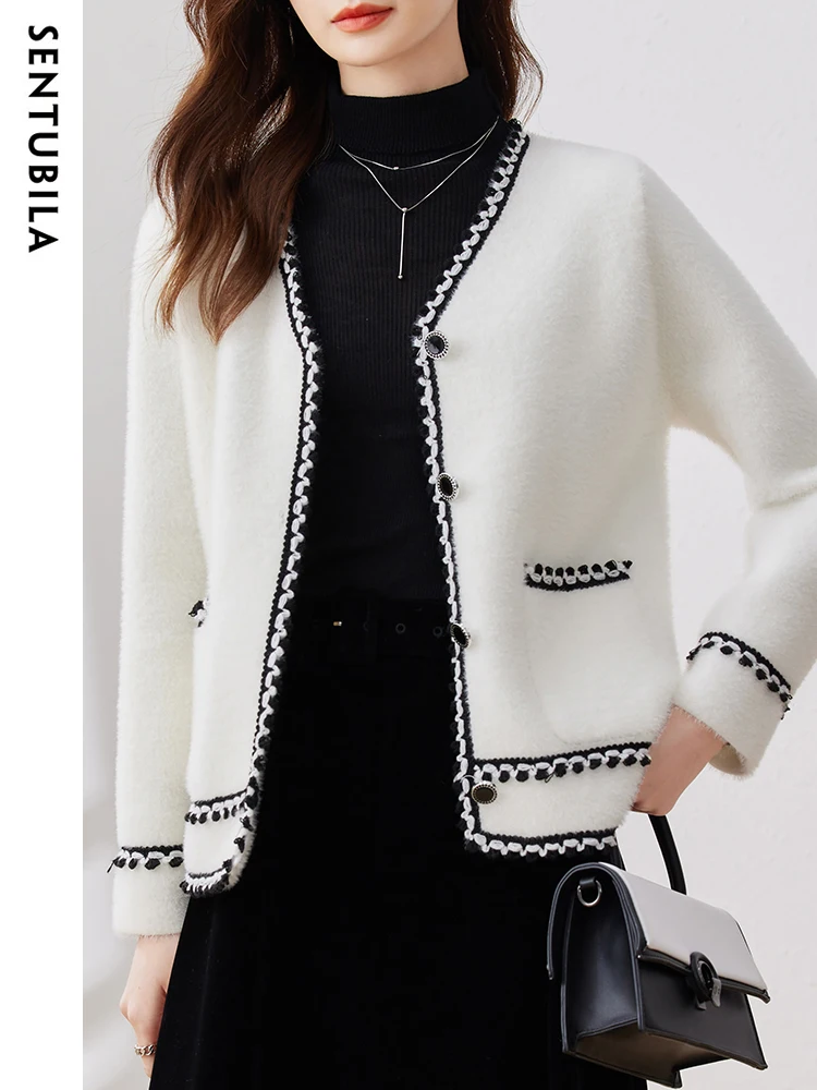 SENTUBILA Elegant Cardigan Women V Neck Knitted Sweater Autumn Winter Long Sleeve Knitwear Jacket Tops Female Outwear W33W48855