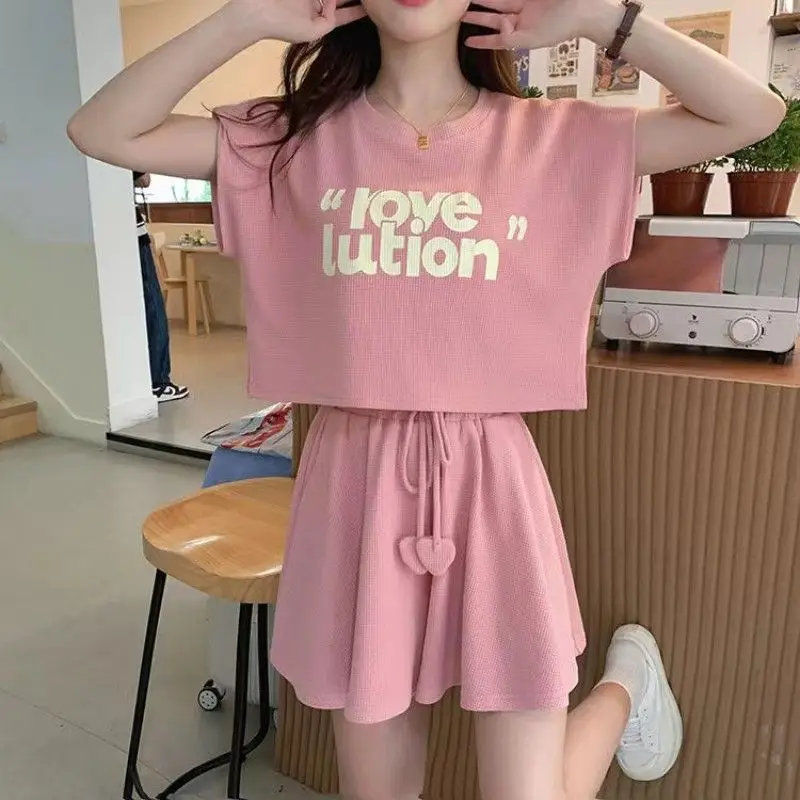 Casual Sports Solid Color Women\'s Clothing Summer Loose Sweet Two Piece Set Comfortable Pullovers Ladies Fashion Pink Shorts