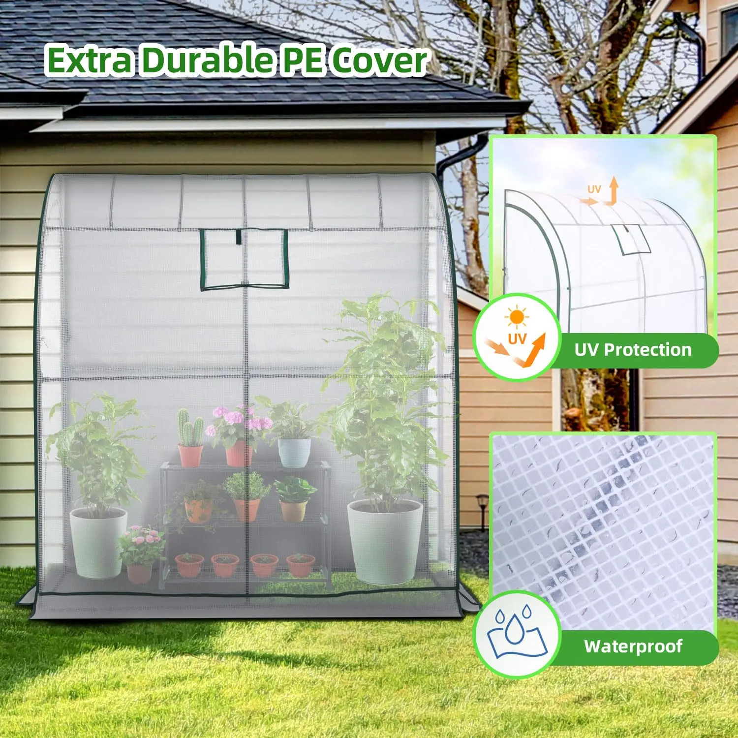 Ohuhu Lean to Greenhouse with 3-Tier Shelves Portable Walk-in Wall Mounted Green House with Mesh Windows 2 Roll-Up Zipper Doors