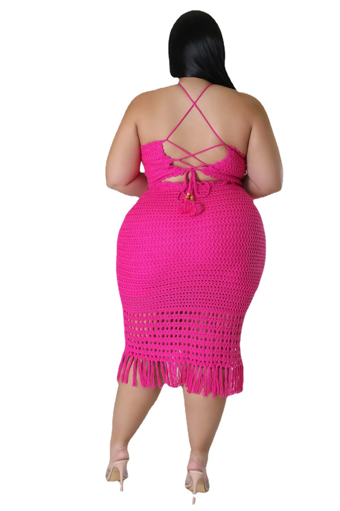 Plus Size Crochet Fashion Two Piece Set Dress 2023 Knitted Lace Up Tassel Crop Top Long Skirt Female Outfits Beach Style Summer