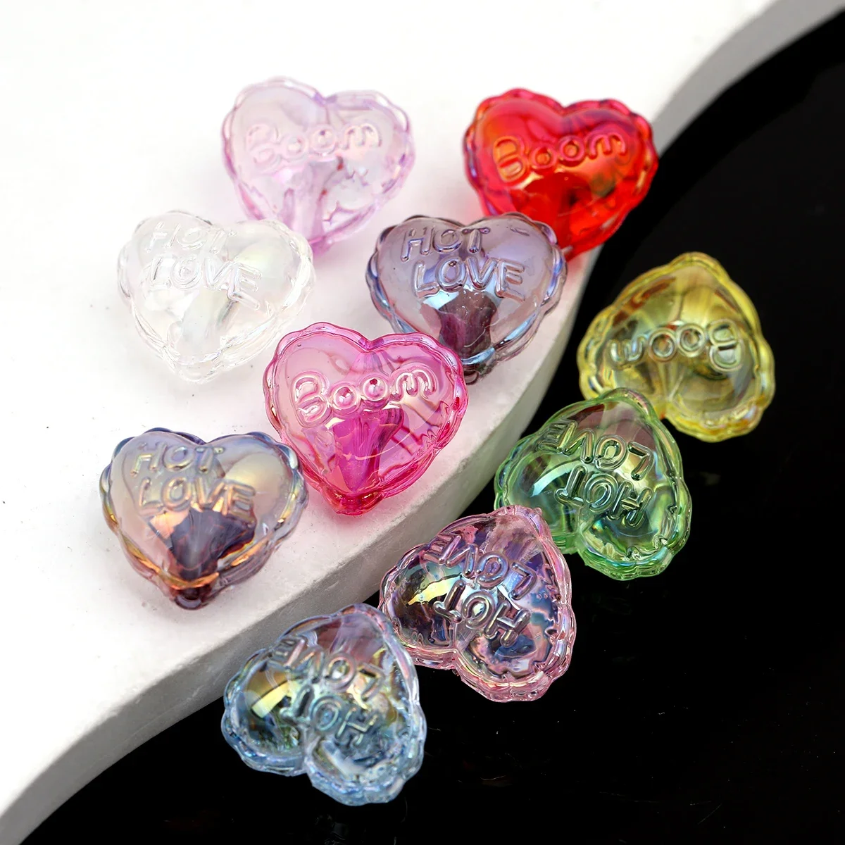 7pcs Random Color 2x1.8cm Transparent Ruffled Heart Acrylic Beads for DIY Necklace Bracelet Earring Craft Supplies