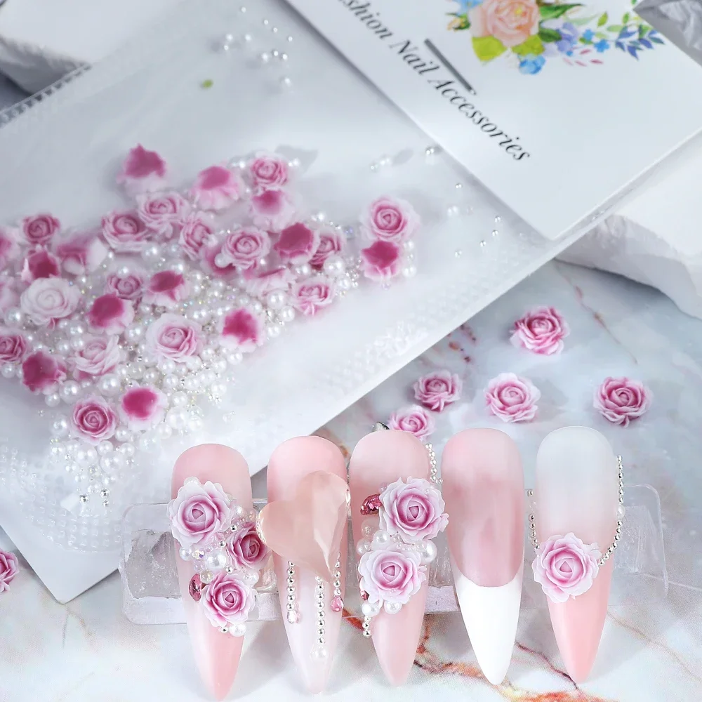 30Pcs Gradient Colour Rose Flower 3D Nails Charms Mix  Simulation Pearl Nail Rhinestone Accessories Valentine Manicure Supplies