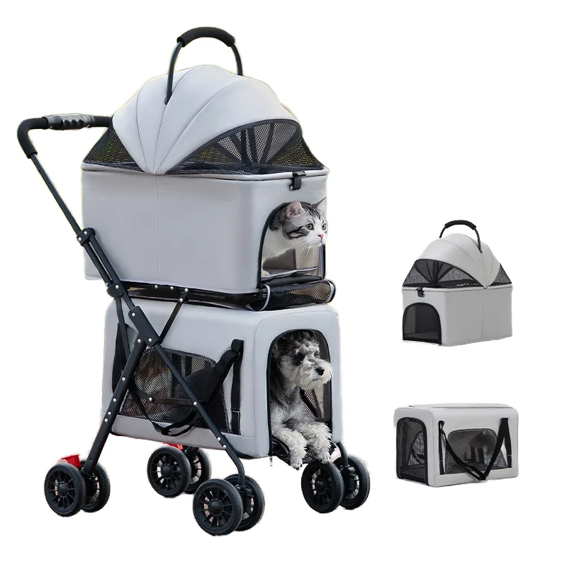 Lightweight Luxury Foldable Four-wheel Double-Layer Teddy Dog Stroller Adjustable Eco-friendly ABS Material Travel Pet Carrier