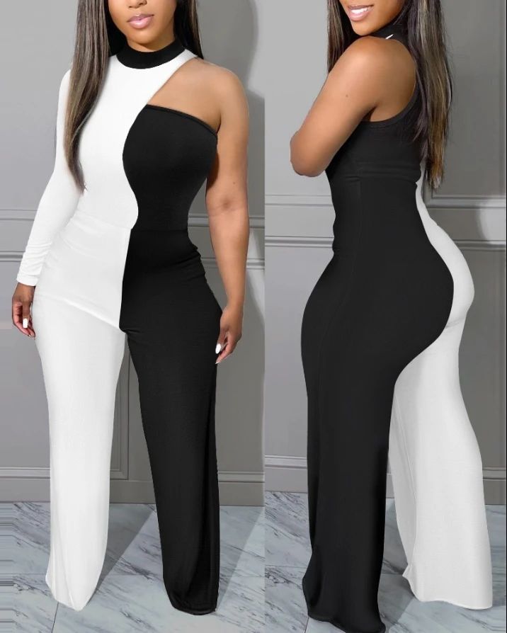 Female One-Pieces 2024 New Fashion Rompers Spring Summer New Fashion Colorblock One Shoulder Long Sleeve High Waisted Jumpsuit