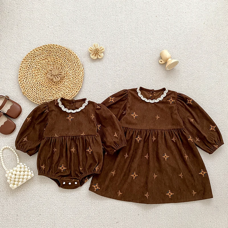 Toddler Sister Denim Bow Print 2-6Yrs Dress & 0-24M Baby Romper Ruffle Lace Collar Long Sleeve Infant Girls Sibling Clothes