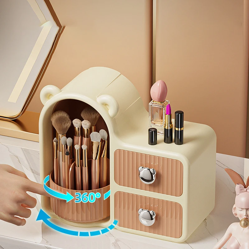 

Rotating Desktop Cosmetic Storage Box Makeup Brush Holder Desktop Organizer With 2 Drawers Dressing Table Storage Box