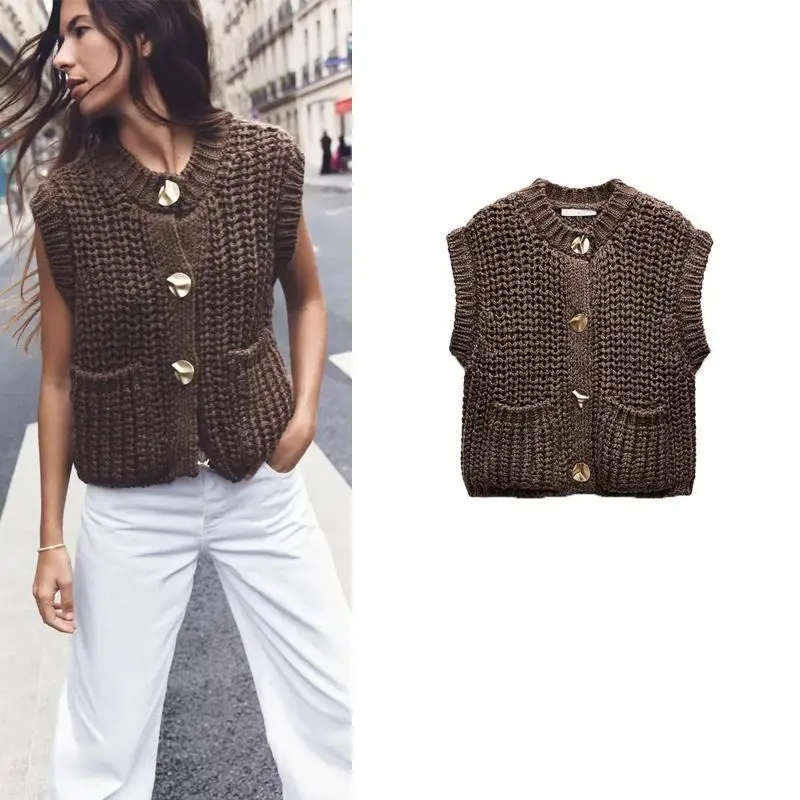 

New Autumn Winter Women's Knitted Vest Svel round Ne Coarse Needle Single Button round Ne Knitted Waistcoat 58024