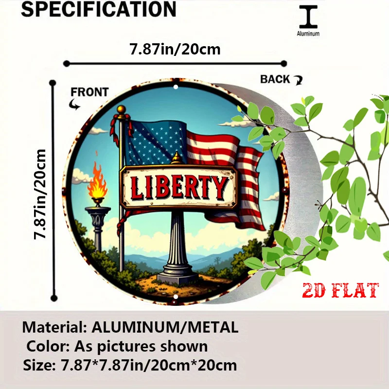 One Piece of 2D Flat Patriotic Round Aluminum Sign, Featuring Torch Design for Wall Decor, USA Flag Round Plaque Painting,