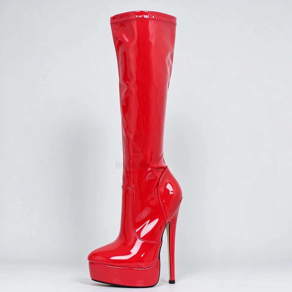 Red Patent Knee High Platform Boots Vintage Fetish Heels Stiletto Side Zip Stage Performance Exotique Plus Size Women Boots