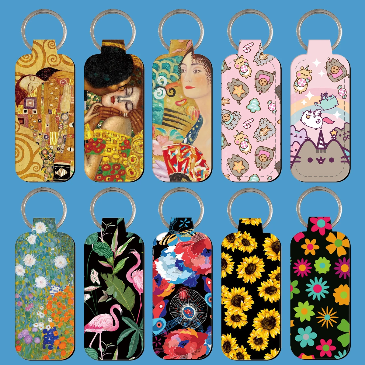 

Art Paintings Chic Lipstick Keychain Accessories for Travel Bag Cute Cartoon Cat Trendy Lip Balm Key Chain Flamingo Keyring