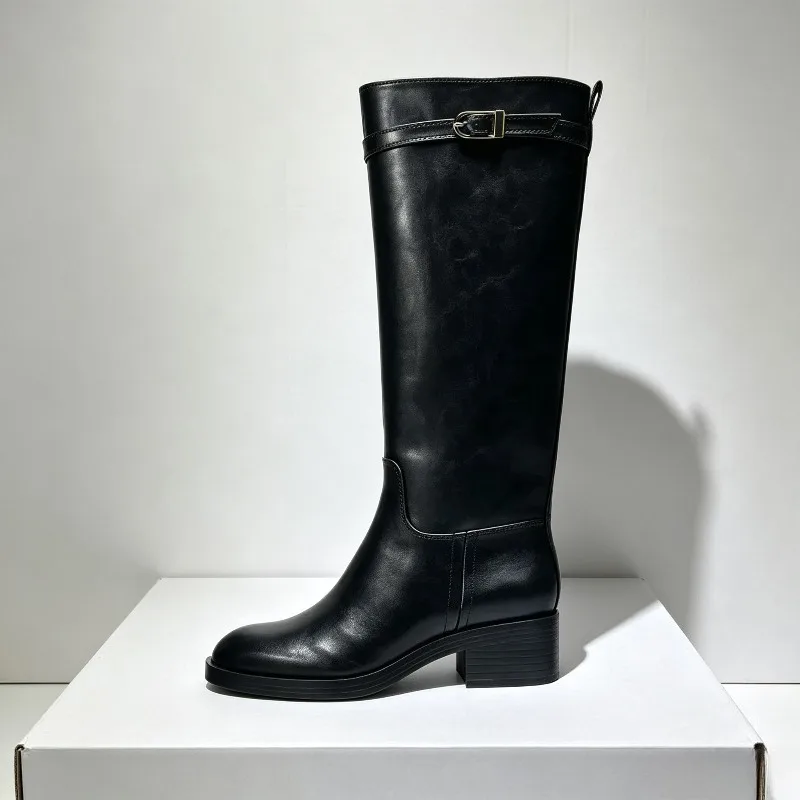 Winter Soft Leather Knight Boots Women Patchwork Unique Buckle Platform Boots Black Waterproof Chunky Heel Knee High Boots