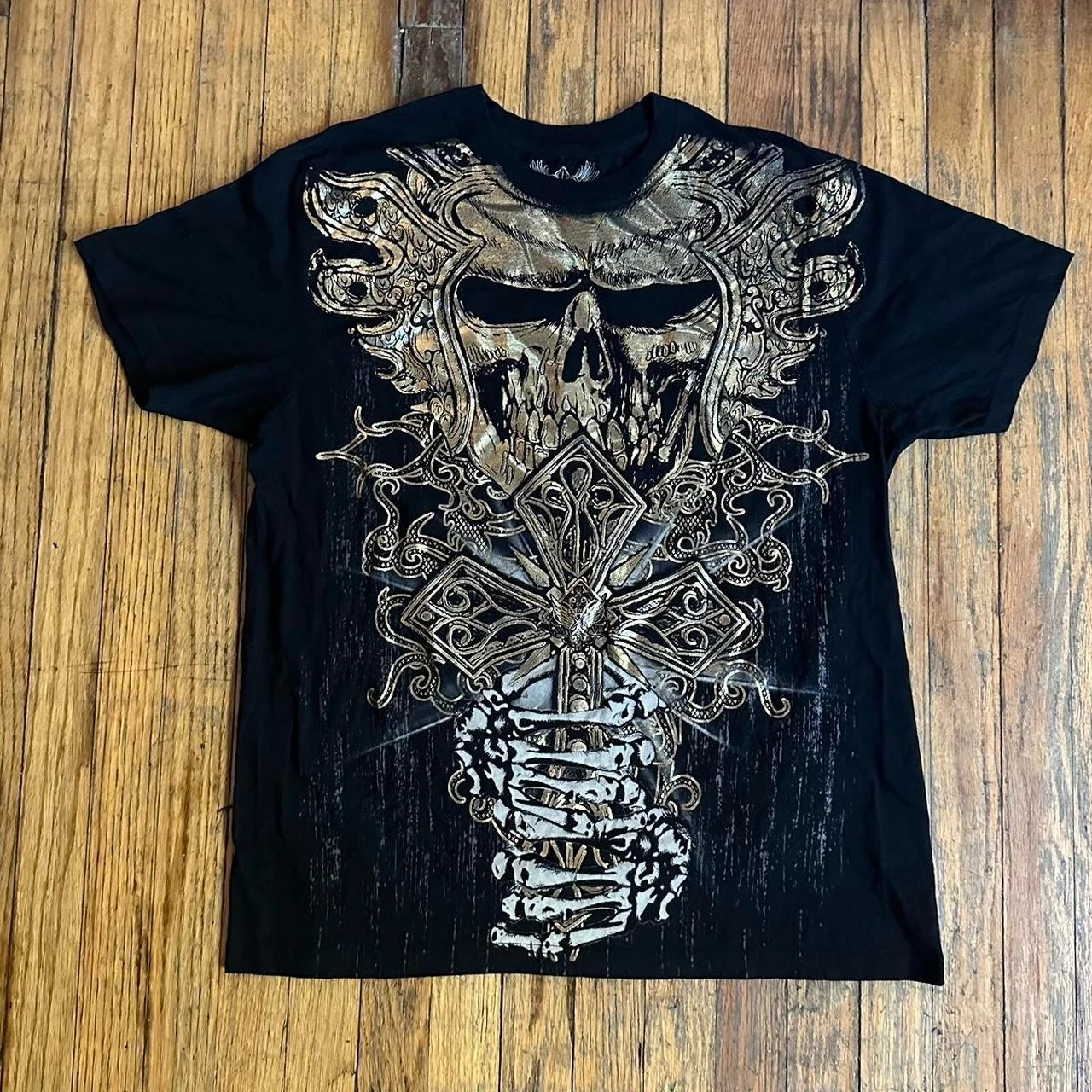 

Y2K Affliction Type Graphic Tee Cyber Skull Wing Gold Accents Grunge Streetwear Retro Futuristic Distressed Oversized T-Shirt