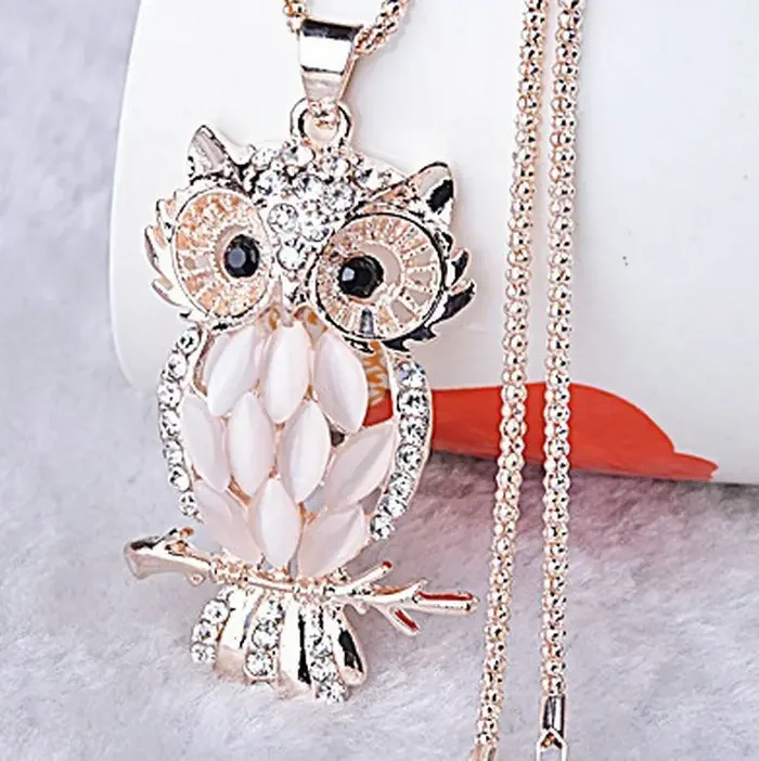 Drop Shipping Vintage Owl Design Rhinestones Crystal Pendant Necklaces Women Sweater Chain Necklace Jewelry Clothing Accessories