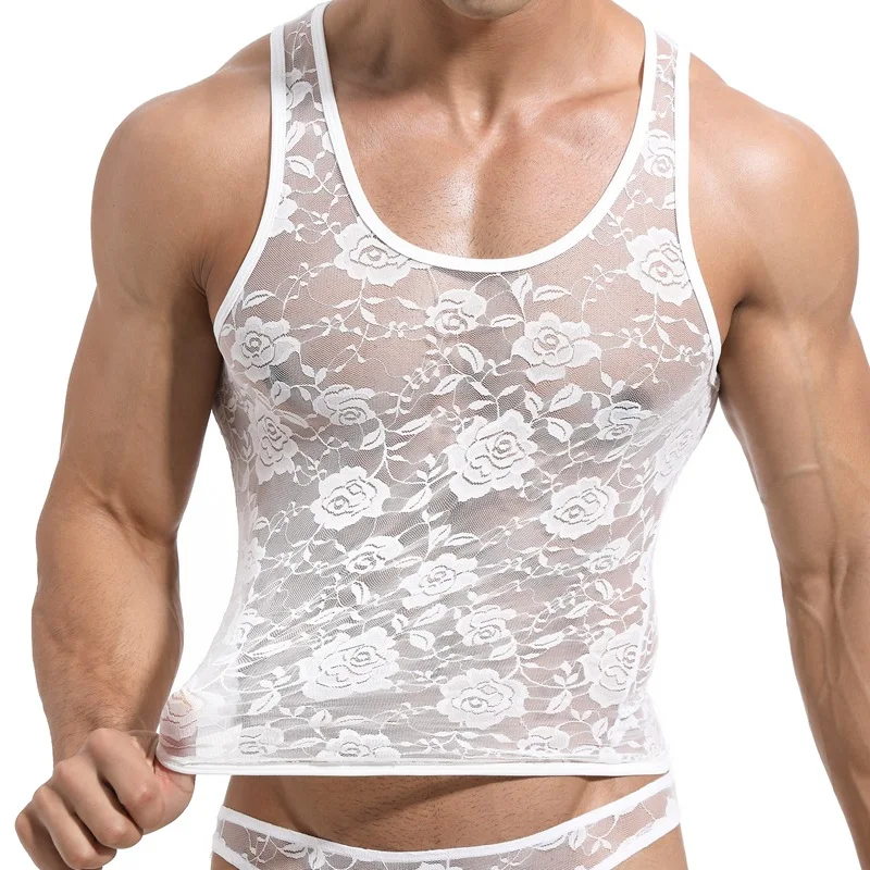 Men Floral Transparent Mesh Lace Tank Crop Top Sexy See-Through Sheer Lingerie Sleeveless Vest Elastic Fitted Singlet Sleepwear