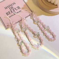 Pink Crystal Love Bow Mobile Phone Lanyard Key Lanyard Mobile Phone Jewelry Anti-Lost And Glass Flower Bead Mobile Phone Pendant