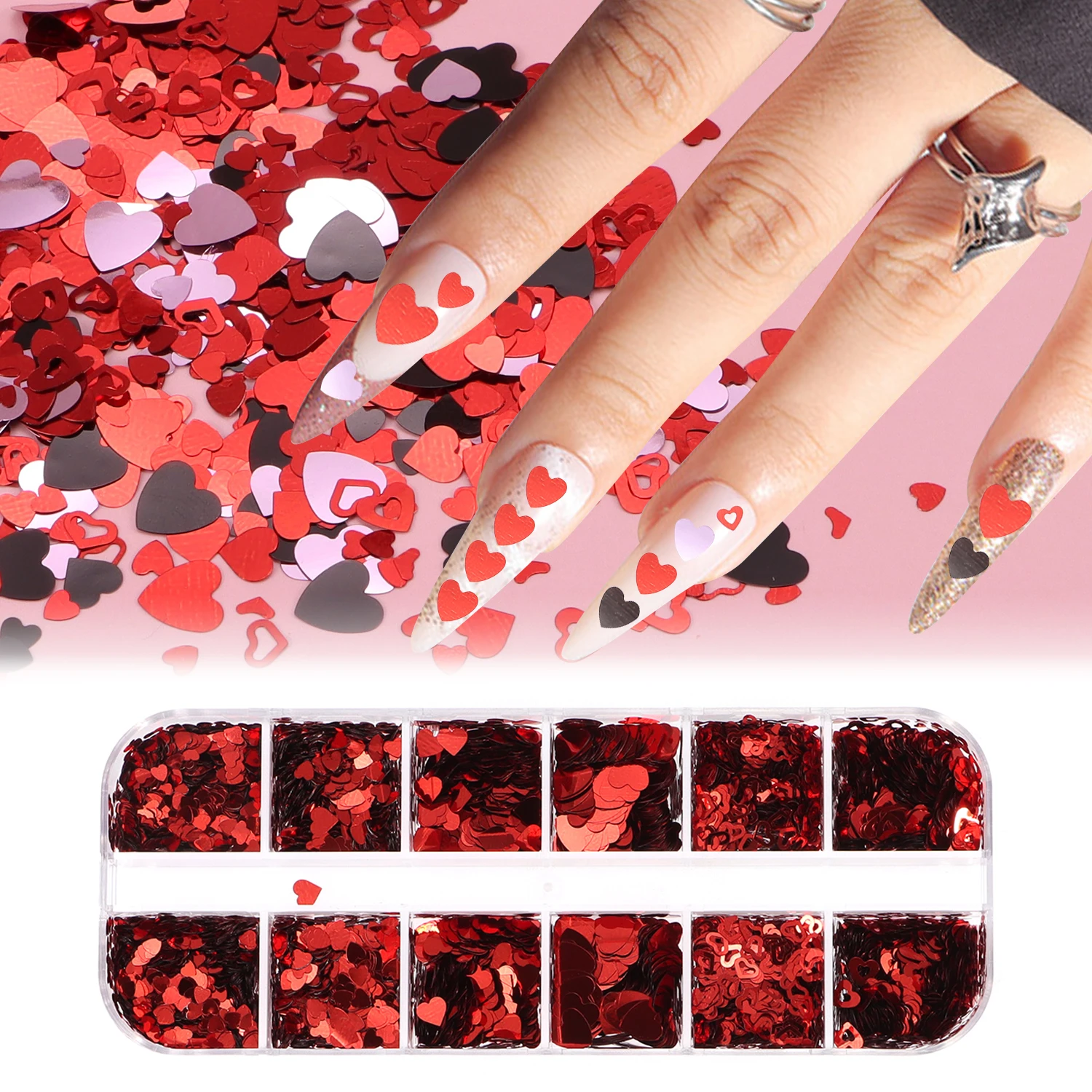 1 scatola di paillettes a forma di cuore di San Valentino di colore misto, paillettes per nail art con atmosfera di Capodanno, paillettes decorative per nail art per appuntamenti