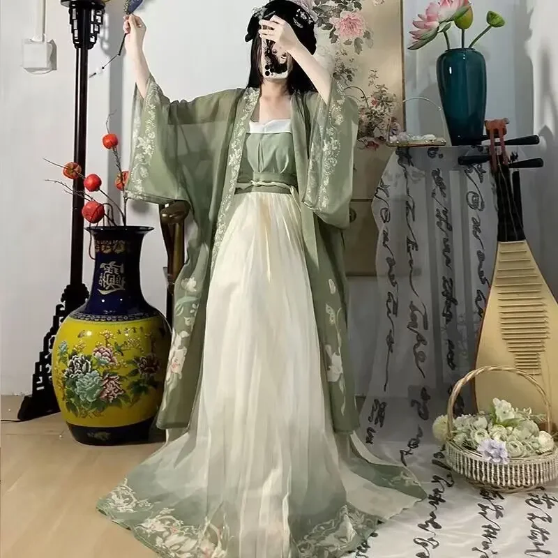 Hanfu Women Chinese Traditional Cosplay Costume Ancient Song Dynasty Hanfu Dress Spring Summer 3pcs Green Sets Plus Size XL