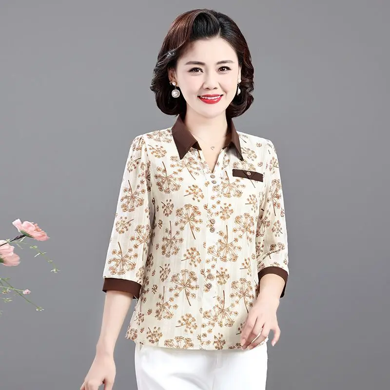 

Women's New Splicing Socket Lapel Button Printing Stylish Loose Versatile Casual Short-sleeved Blouses Shirts